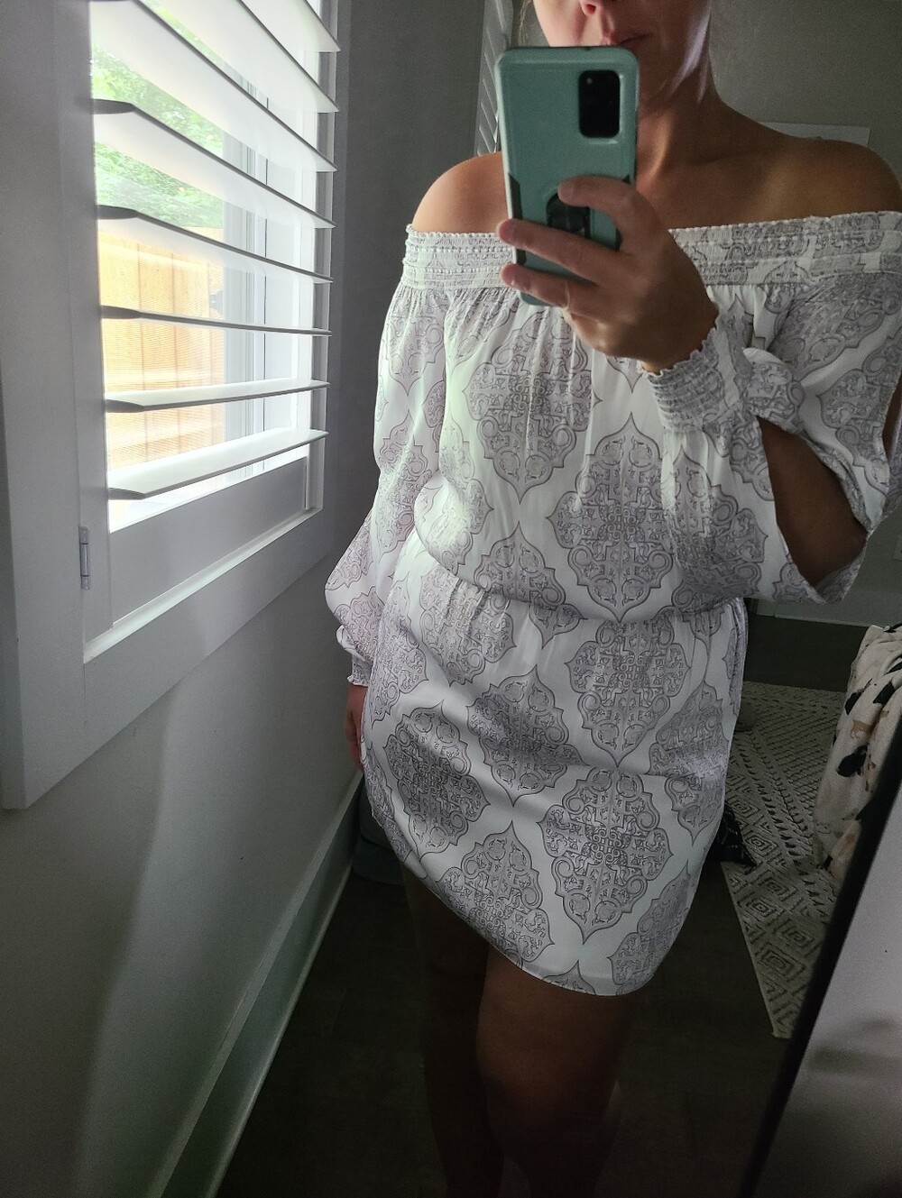 White House Black Market Silky Medallion Print Off Shoulder Romper Dress
